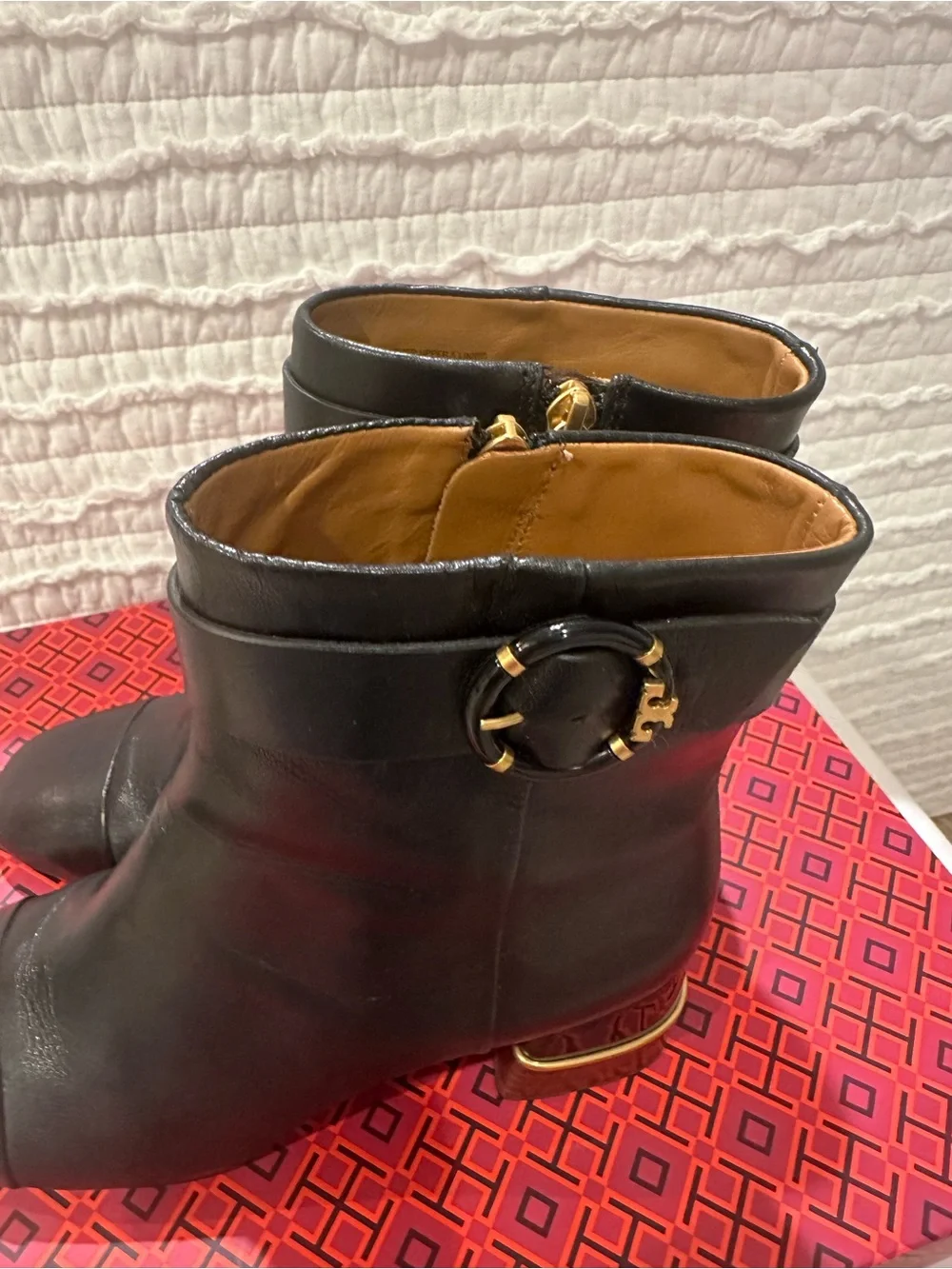 Tory Burch Multi Logo Heel Ankle Boot Goat Leather Black Size 7
